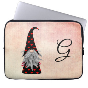 Vintage Black and Red Gnome with hearts Watercolor Laptop Sleeve