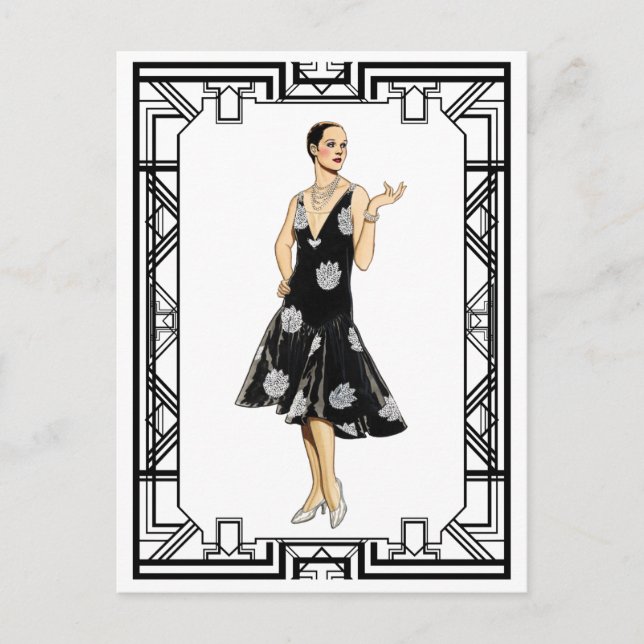 Vintage Black and White 1930s Beaded Dress Postcard (Front)