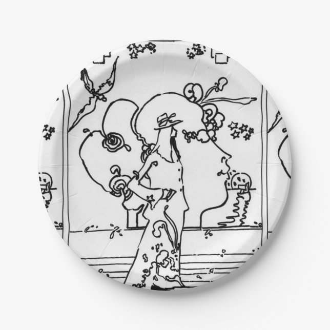 Vintage Black and White 60s Illustration Paper Plate (Front)