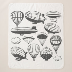 Vintage Black and White Airship Schematic Sherpa Blanket
