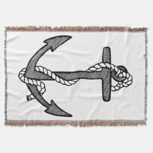 Vintage Black and White Anchor and Rope Throw Blanket