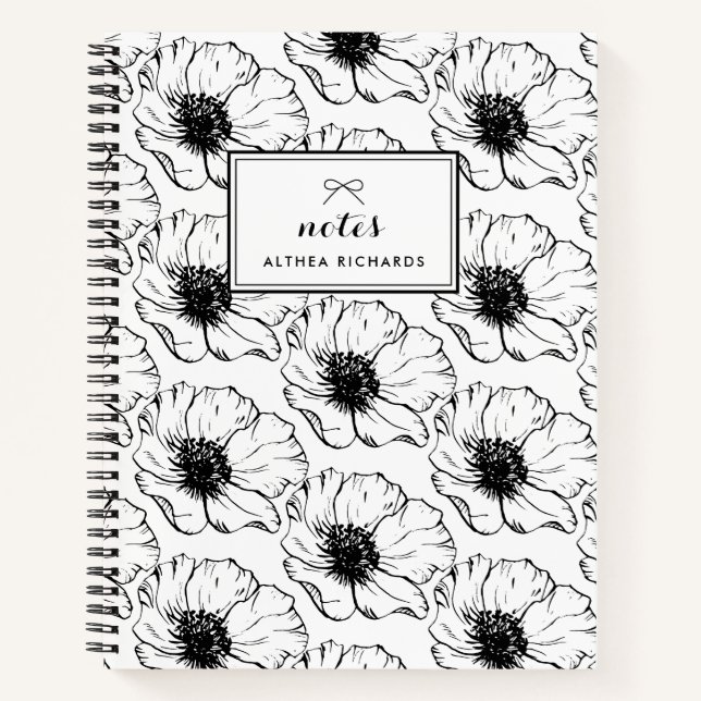 Vintage Black and White Anemones Pattern Notebook (Front)