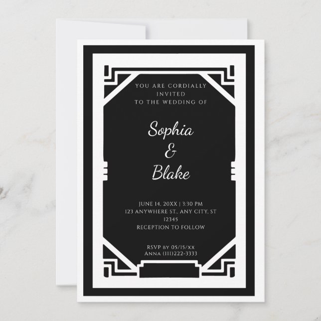 Vintage Black and White Art Deco Wedding Invitation (Front)