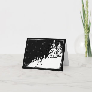 Vintage black and white art rabbits in the snow card