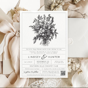 Vintage Black and White Botanical Floral Wedding Invitation