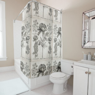 Vintage black and white botanical flowers floral shower curtain