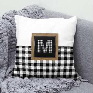 Vintage Black and White Buffalo Plaid Monogram Cushion