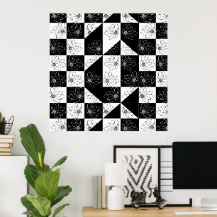 Vintage Black and white Chekboard and flowers Poster