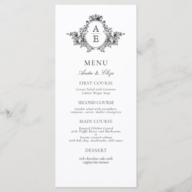 Vintage Black and White Crest Monogram Wedding Menu (Front)