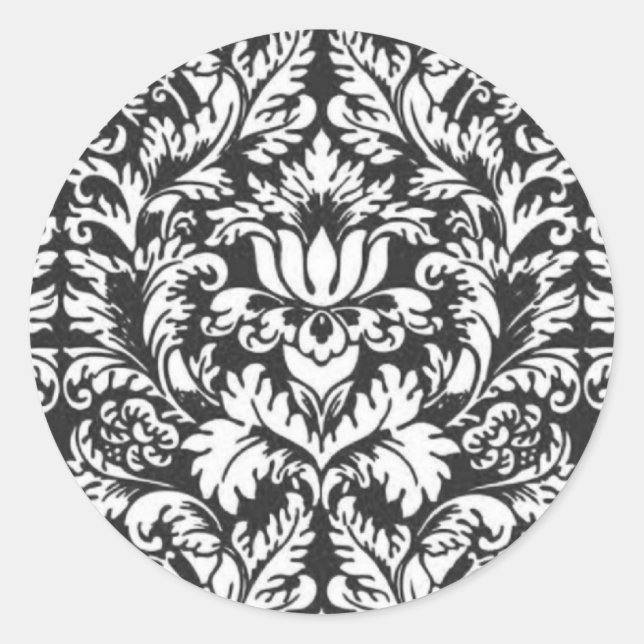 Vintage Black and White Damask Lace Brocade Classic Round Sticker (Front)