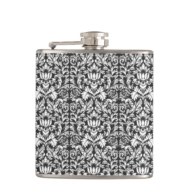Vintage Black and White Damask Lace Brocade Hip Flask (Front)