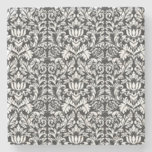 Vintage Black and White Damask Lace Brocade Stone Coaster