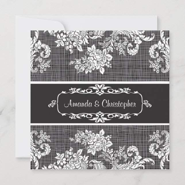Vintage black and white Damask Wedding Invitation (Front)