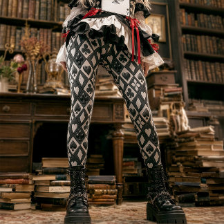 Vintage Black and White Diamond Playing Card Suits Leggings
