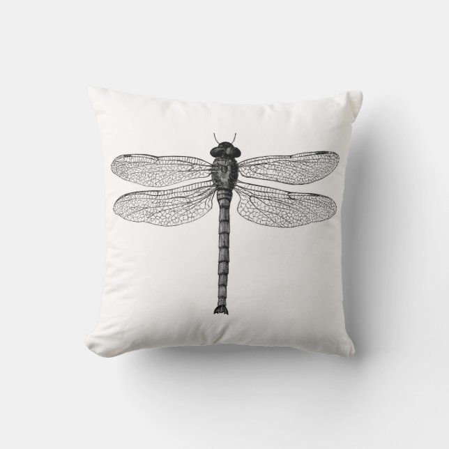 Vintage Black and White Dragonfly Illustration Cushion (Front)