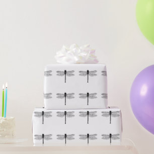 Vintage Black and White Dragonfly Illustration Wrapping Paper
