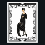 Vintage Black and White Flapper Illustration Poster<br><div class="desc">Enjoy this Art Deco inspired poster series of black and white fashions from the 1920s flapper era through the 1950s. This vintage fashion poster features a stylish flapper model wearing a classic body-skimming gown, long pearl necklace, hat and mink stole. Flappers are known for their distinctive style of dresses with...</div>