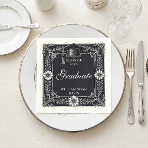 Vintage Black and White Floral Engraved Graduation Napkin