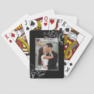 Vintage Black and White Floral Photo Wedding Playing Cards