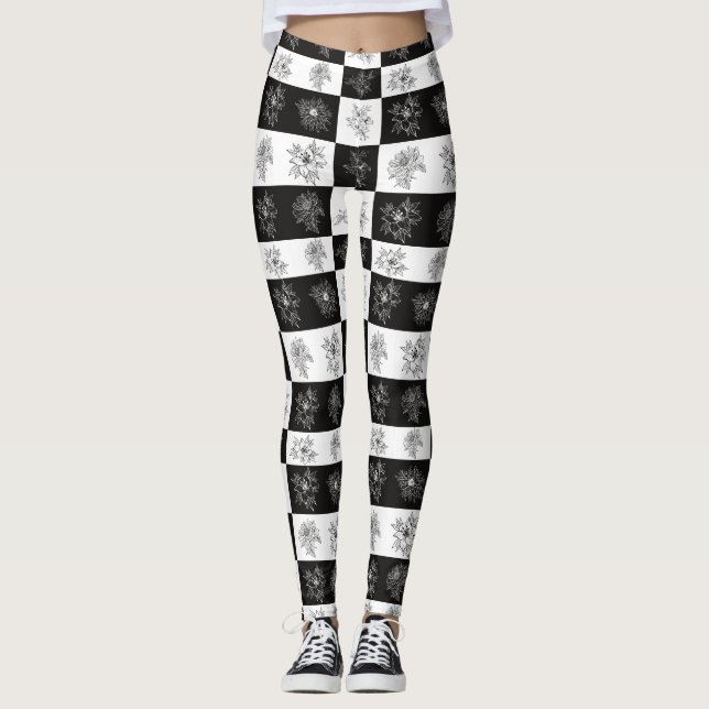 Vintage Black and white flowers chequered pattern Leggings (Front)