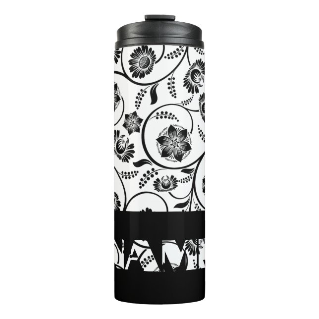 Vintage Black and White Flowers Thermal Tumbler (Front)