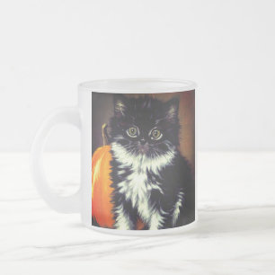 Vintage Black and White Halloween Cat Frosted Glass Coffee Mug