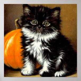 Vintage Black and White Halloween Cat Poster