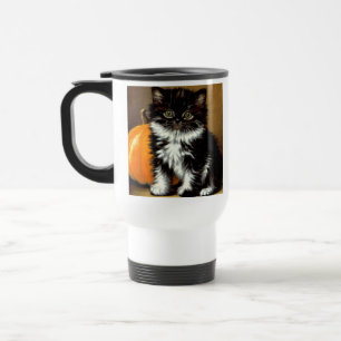 Vintage Black and White Halloween Cat Travel Mug