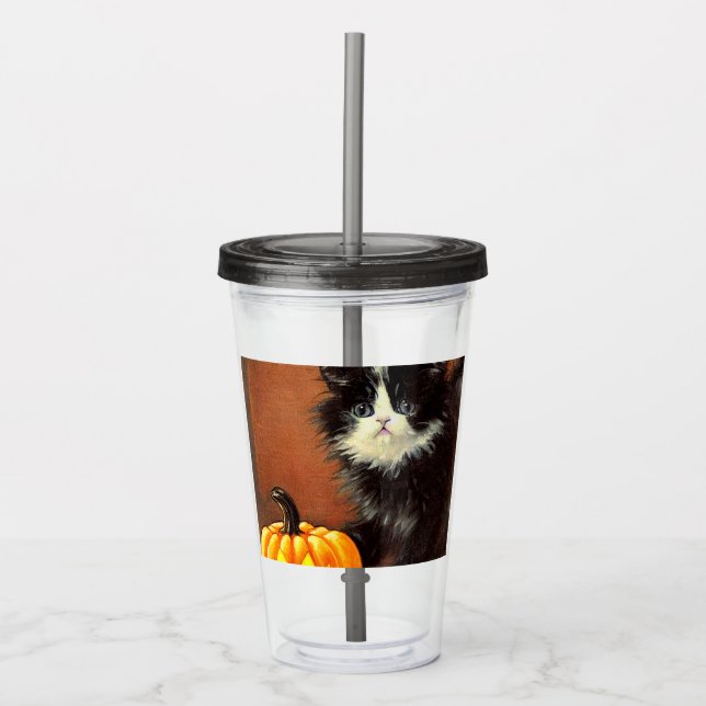 Vintage Black and White Halloween Kitten Acrylic Tumbler (Front)