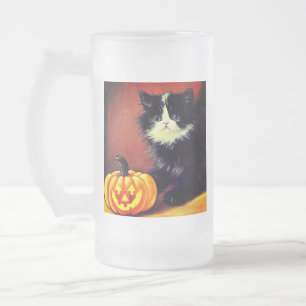 Vintage Black and White Halloween Kitten Frosted Glass Beer Mug
