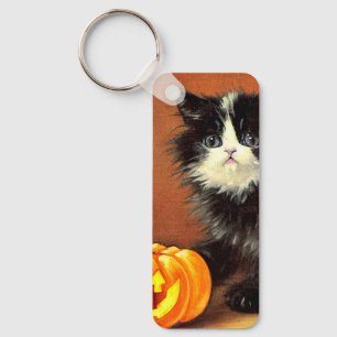 Vintage Black and White Halloween Kitten Key Ring