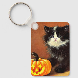 Vintage Black and White Halloween Kitten Key Ring