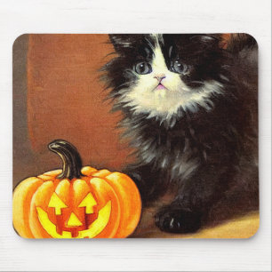 Vintage Black and White Halloween Kitten Mouse Mat