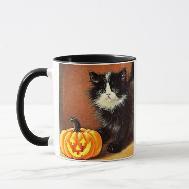 Vintage Black and White Halloween Kitten Mug (Left)