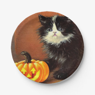 Vintage Black and White Halloween Kitten Paper Plate