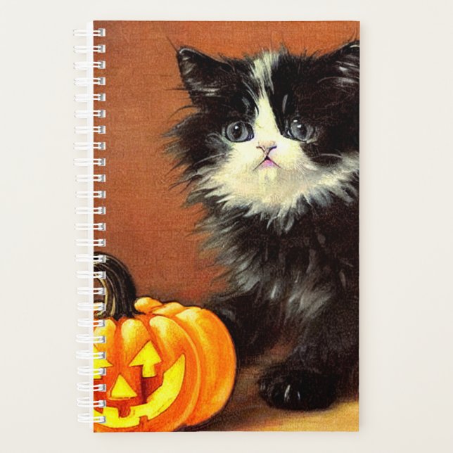 Vintage Black and White Halloween Kitten Planner (Front)