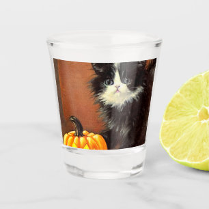 Vintage Black and White Halloween Kitten Shot Glass