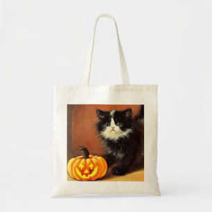 Vintage Black and White Halloween Kitten Tote Bag