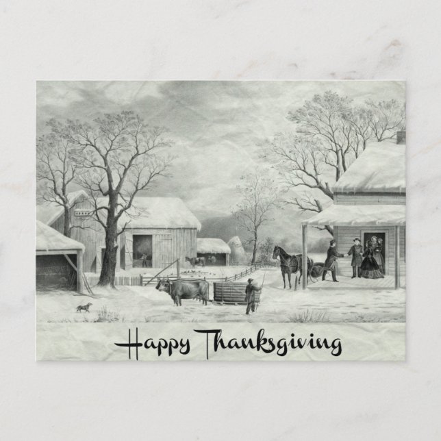 Vintage Black and White Happy Thanksgiving  Holiday Postcard (Front)