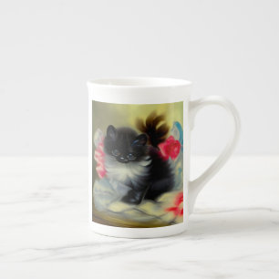 Vintage Black and White Kitten Painting Bone China Mug