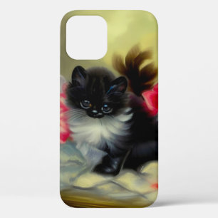 Vintage Black and White Kitten Painting iPhone 12 Case