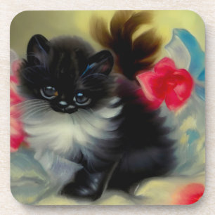 Vintage Black and White Kitten Painting Coaster