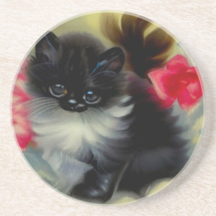Vintage Black and White Kitten Painting Coaster