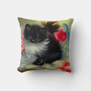 Vintage Black and White Kitten Painting Cushion