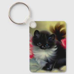 Vintage Black and White Kitten Painting Key Ring