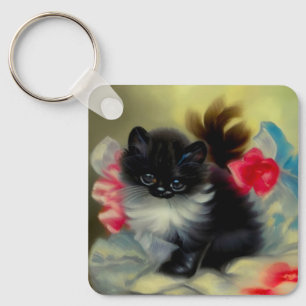 Vintage Black and White Kitten Painting Key Ring