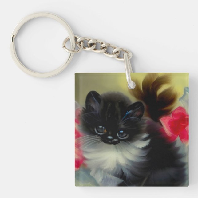 Vintage Black and White Kitten Painting Key Ring (Front)