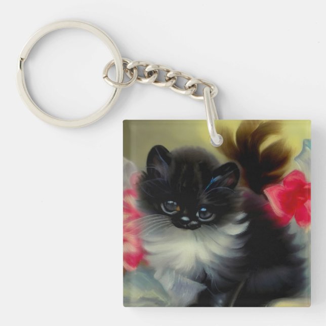 Vintage Black and White Kitten Painting Key Ring (Front)