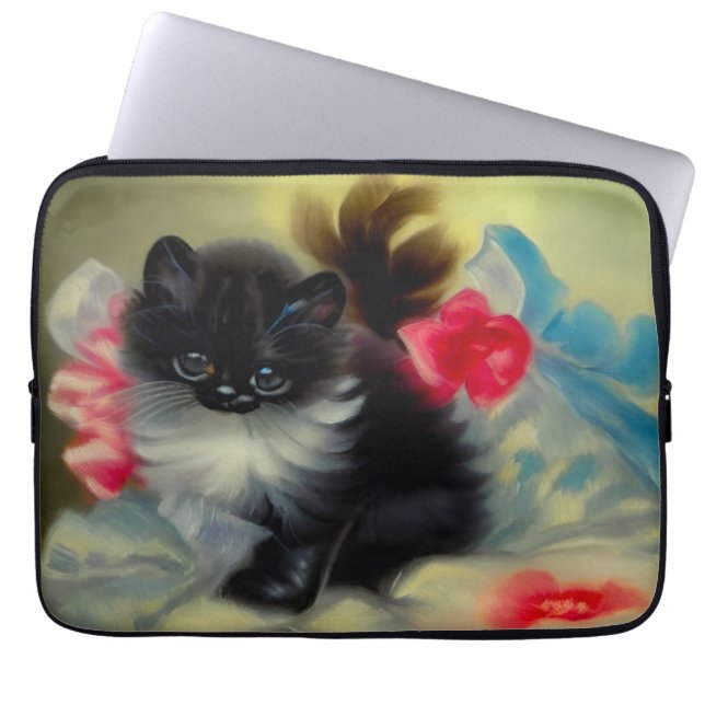 Vintage Black and White Kitten Painting Laptop Sleeve (Front)