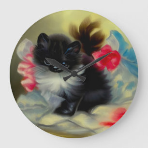 Vintage Black and White Kitten Painting Large Clock